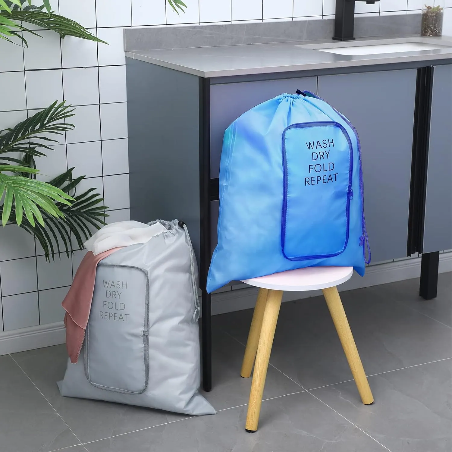 2 Pcs Travel Laundry Bag Washable Dirty Clothes Bag with Drawstring and Zipper for Suitcase, 22 x 18 Inch (Gray, Blue, Classic)