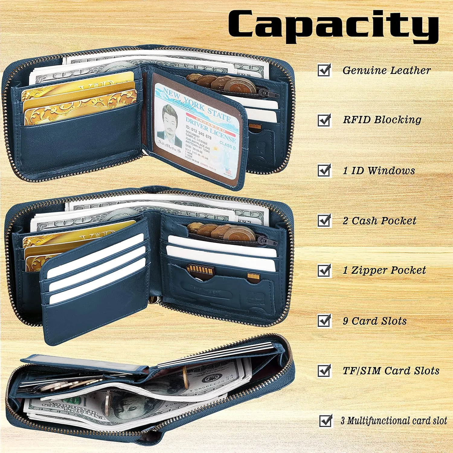 Admetus Mens RFID Blocking Wallets Zipper Leather Wallet for Men Bifold RFID Card Holder