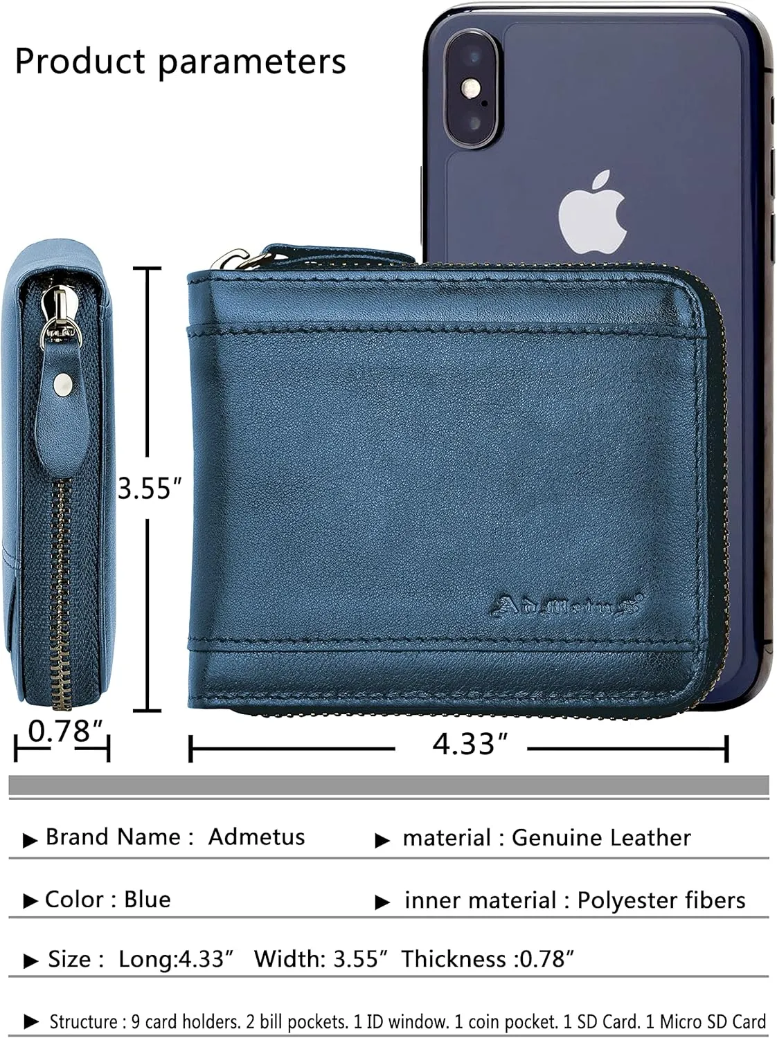 Admetus Mens RFID Blocking Wallets Zipper Leather Wallet for Men Bifold RFID Card Holder
