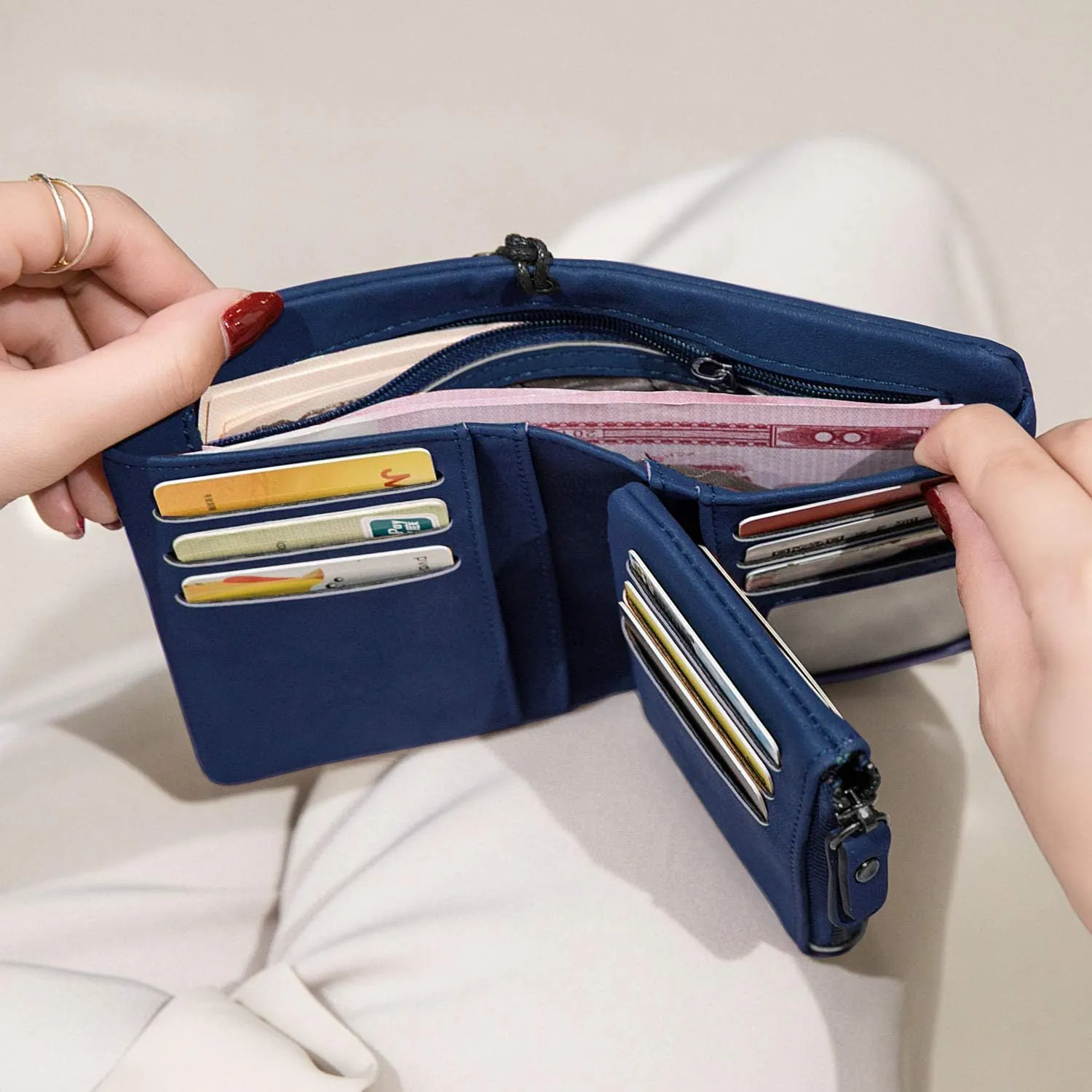 AOXONEL Women's Small Bifold Leather wallet Rfid blocking Ladies Wristlet with Card holder id window Coin Purse