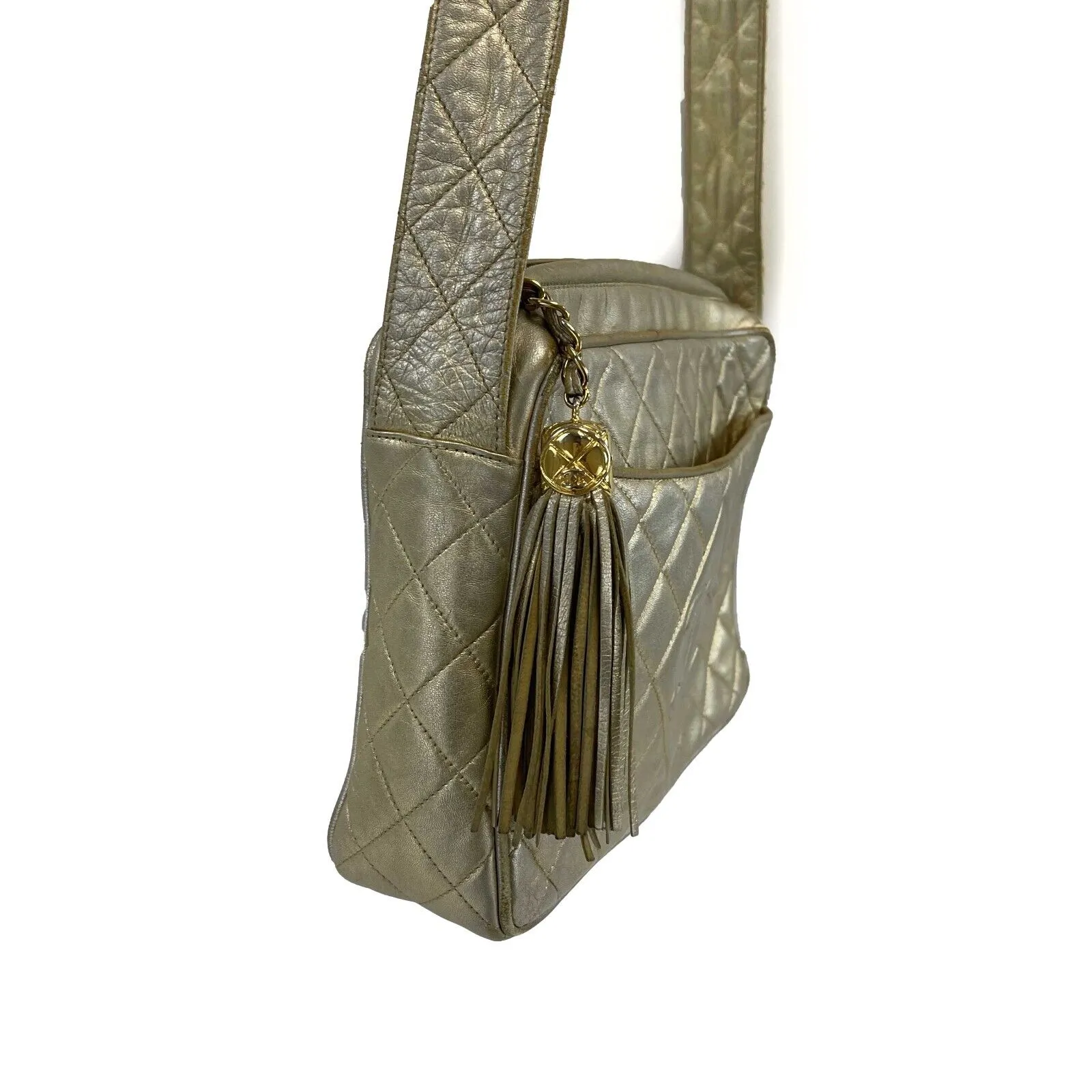 CHANEL - 90's CC Gold Leather Vintage Crossbody /Shoulder Bag W/ Tassel
