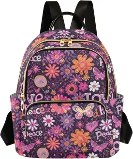 CHIFIGNO Purple Hippie Flowers Purse Backpack for Women Cute Mini Backpack Travel Back Pack Lightweight Anti Theft Adult Backpack Medium Size