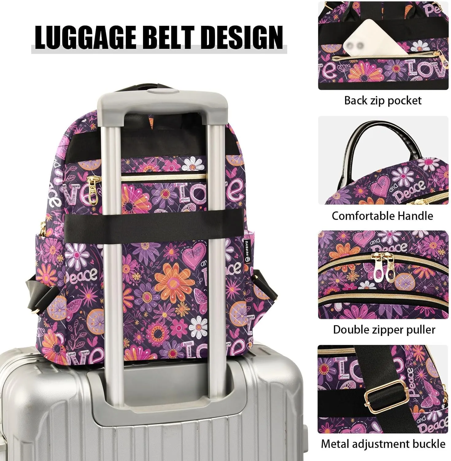 CHIFIGNO Purple Hippie Flowers Purse Backpack for Women Cute Mini Backpack Travel Back Pack Lightweight Anti Theft Adult Backpack Medium Size