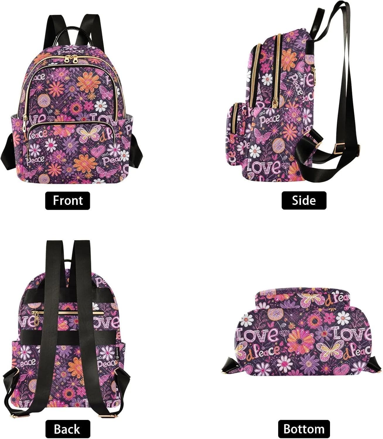 CHIFIGNO Purple Hippie Flowers Purse Backpack for Women Cute Mini Backpack Travel Back Pack Lightweight Anti Theft Adult Backpack Medium Size