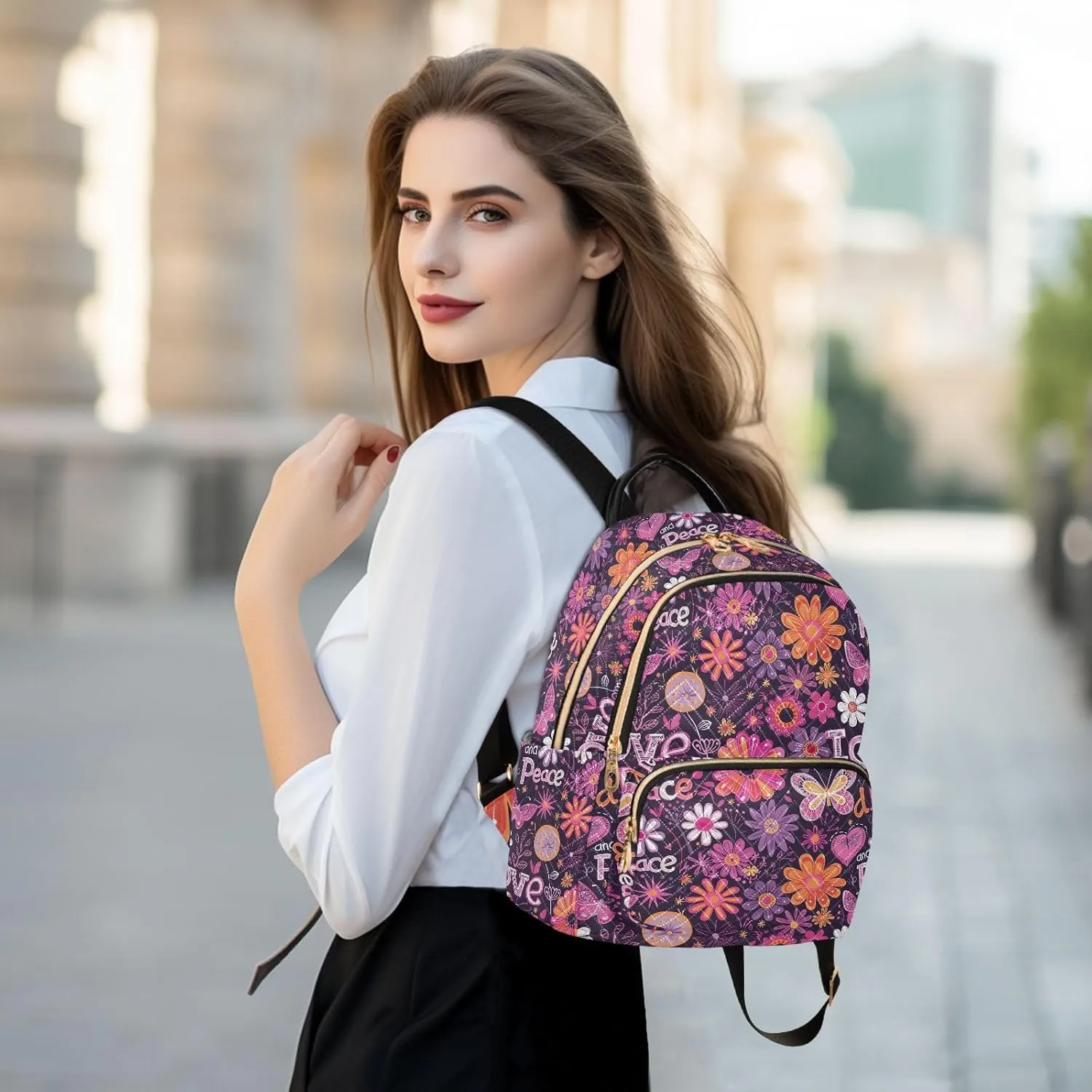 CHIFIGNO Purple Hippie Flowers Purse Backpack for Women Cute Mini Backpack Travel Back Pack Lightweight Anti Theft Adult Backpack Medium Size