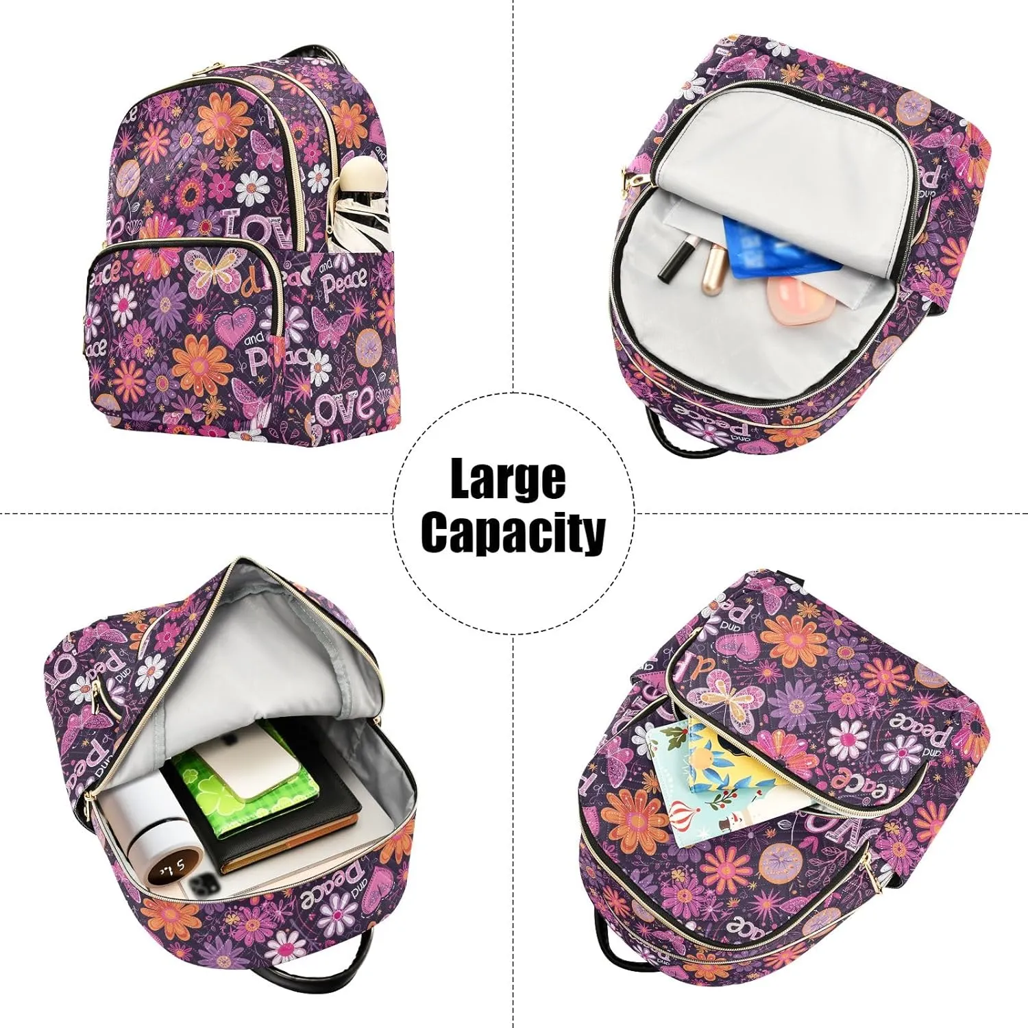CHIFIGNO Purple Hippie Flowers Purse Backpack for Women Cute Mini Backpack Travel Back Pack Lightweight Anti Theft Adult Backpack Medium Size