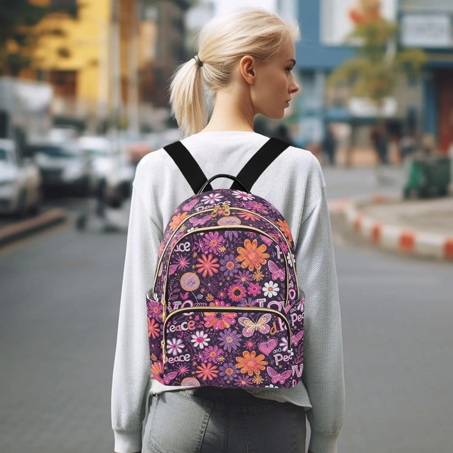 CHIFIGNO Purple Hippie Flowers Purse Backpack for Women Cute Mini Backpack Travel Back Pack Lightweight Anti Theft Adult Backpack Medium Size