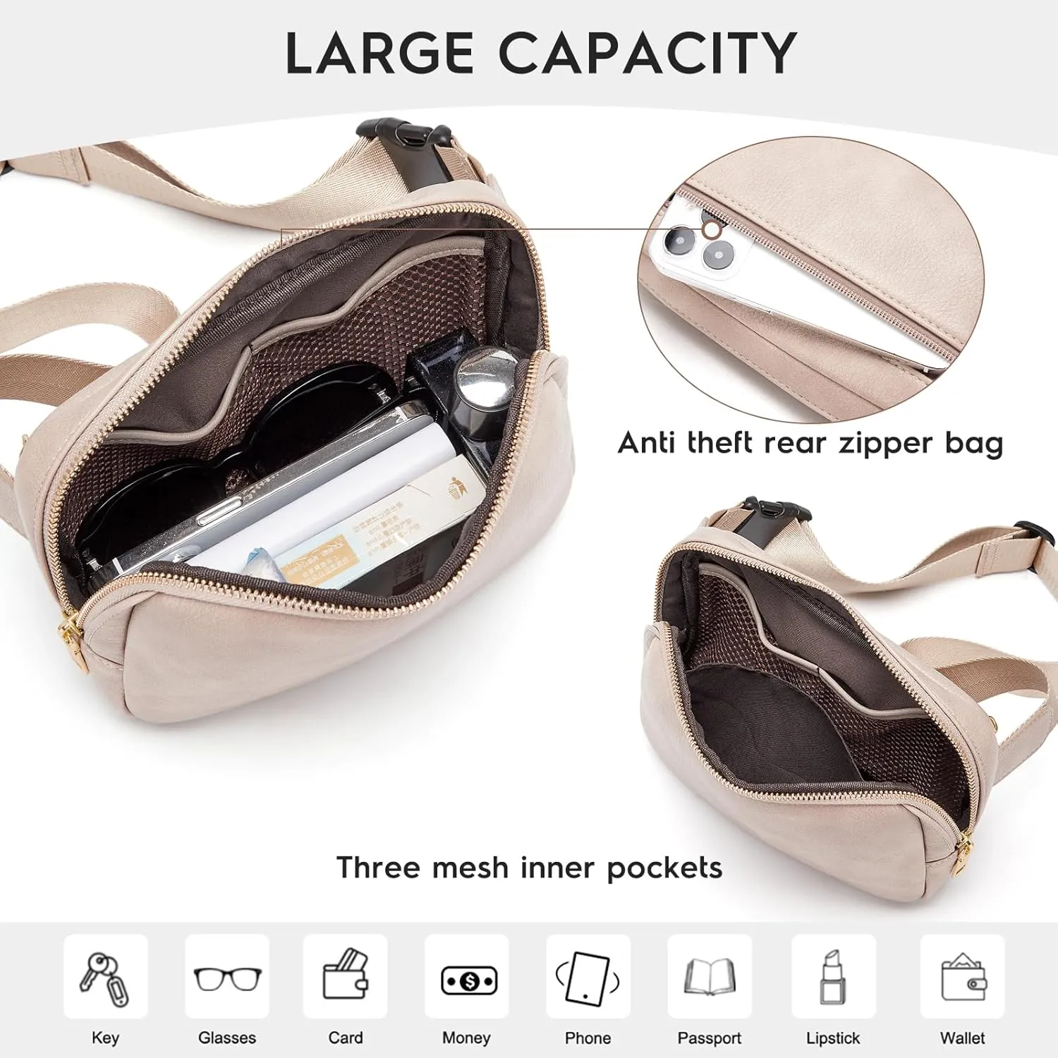 Cnoles Belt Bag for Women Fashion Waist Bag Vegan Leather Fanny Pack Crossbody Bags for Women With Adjustable Straps Grey
