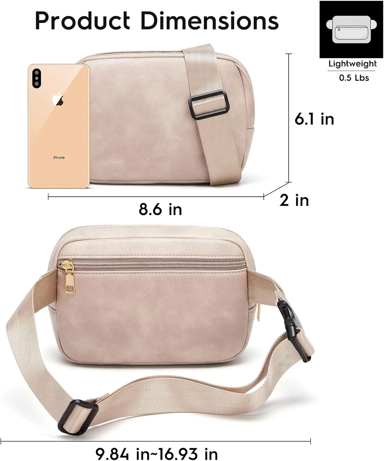 Cnoles Belt Bag for Women Fashion Waist Bag Vegan Leather Fanny Pack Crossbody Bags for Women With Adjustable Straps Grey