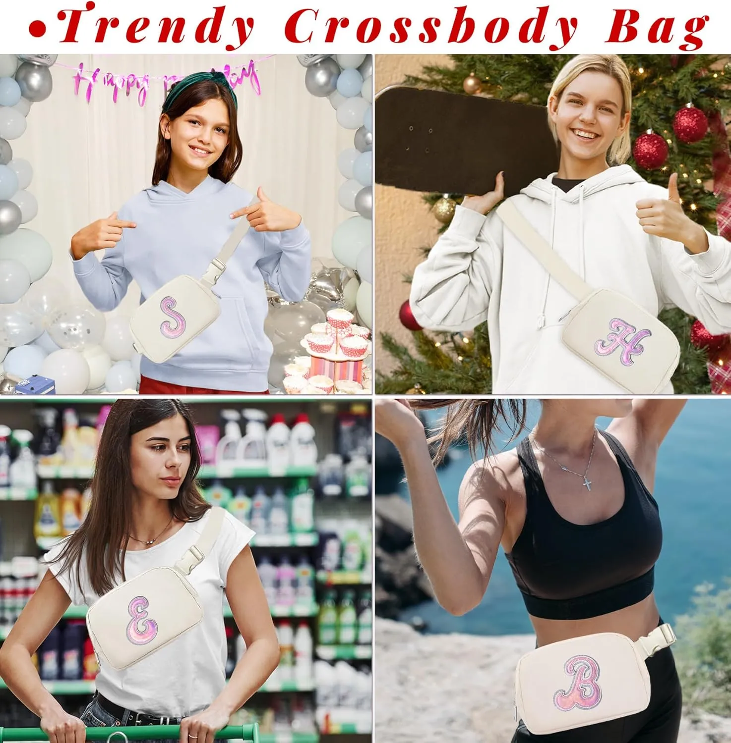 COSHAYSOO Ivory Belt Bag Fanny Pack Crossbody Initial Letter Unique Personalized Monogrammed Gifts for Bridesmaid Team Bride to be Bridal Shower Maid of Honor Bachelorette Party Favor Presents E