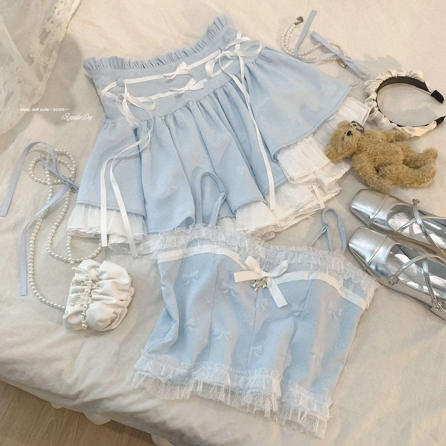 Dormir Doll Balletcore Sweet Coquette Pastel Soft Girl Purple Pink Blue Green Camisole & Skirt Two Piece Set