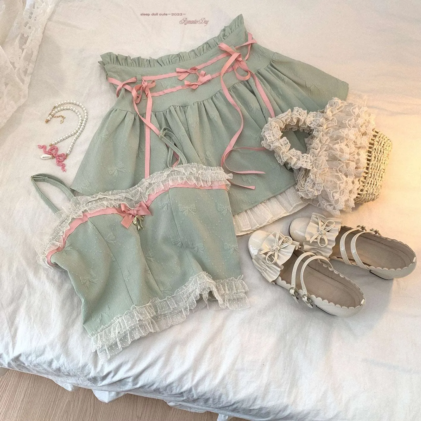 Dormir Doll Balletcore Sweet Coquette Pastel Soft Girl Purple Pink Blue Green Camisole & Skirt Two Piece Set