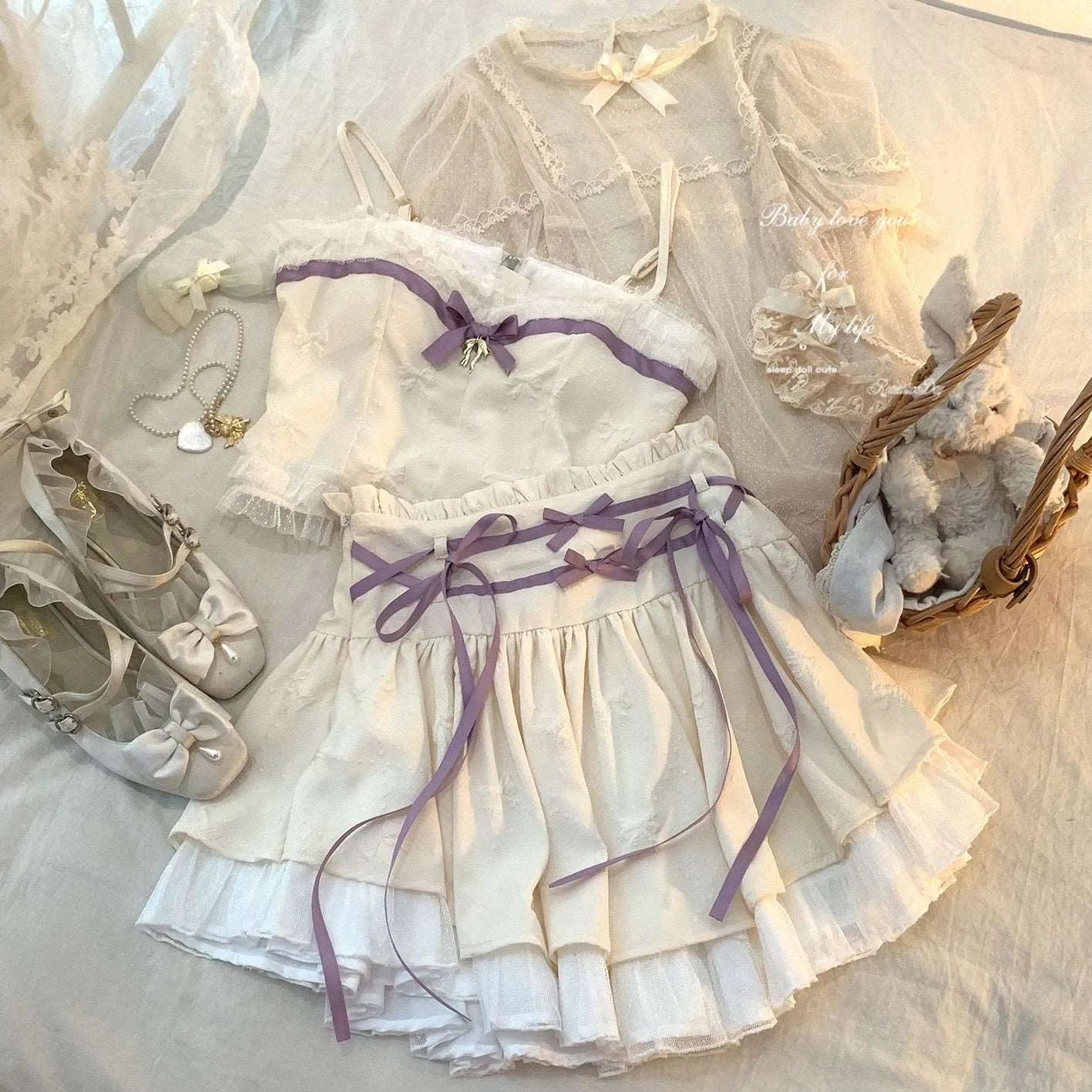 Dormir Doll Balletcore Sweet Coquette Pastel Soft Girl Purple Pink Blue Green Camisole & Skirt Two Piece Set