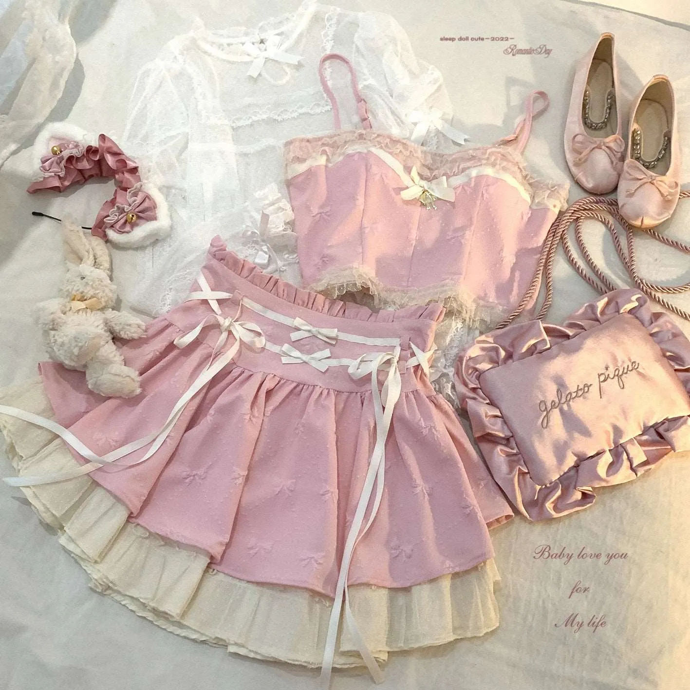 Dormir Doll Balletcore Sweet Coquette Pastel Soft Girl Purple Pink Blue Green Camisole & Skirt Two Piece Set