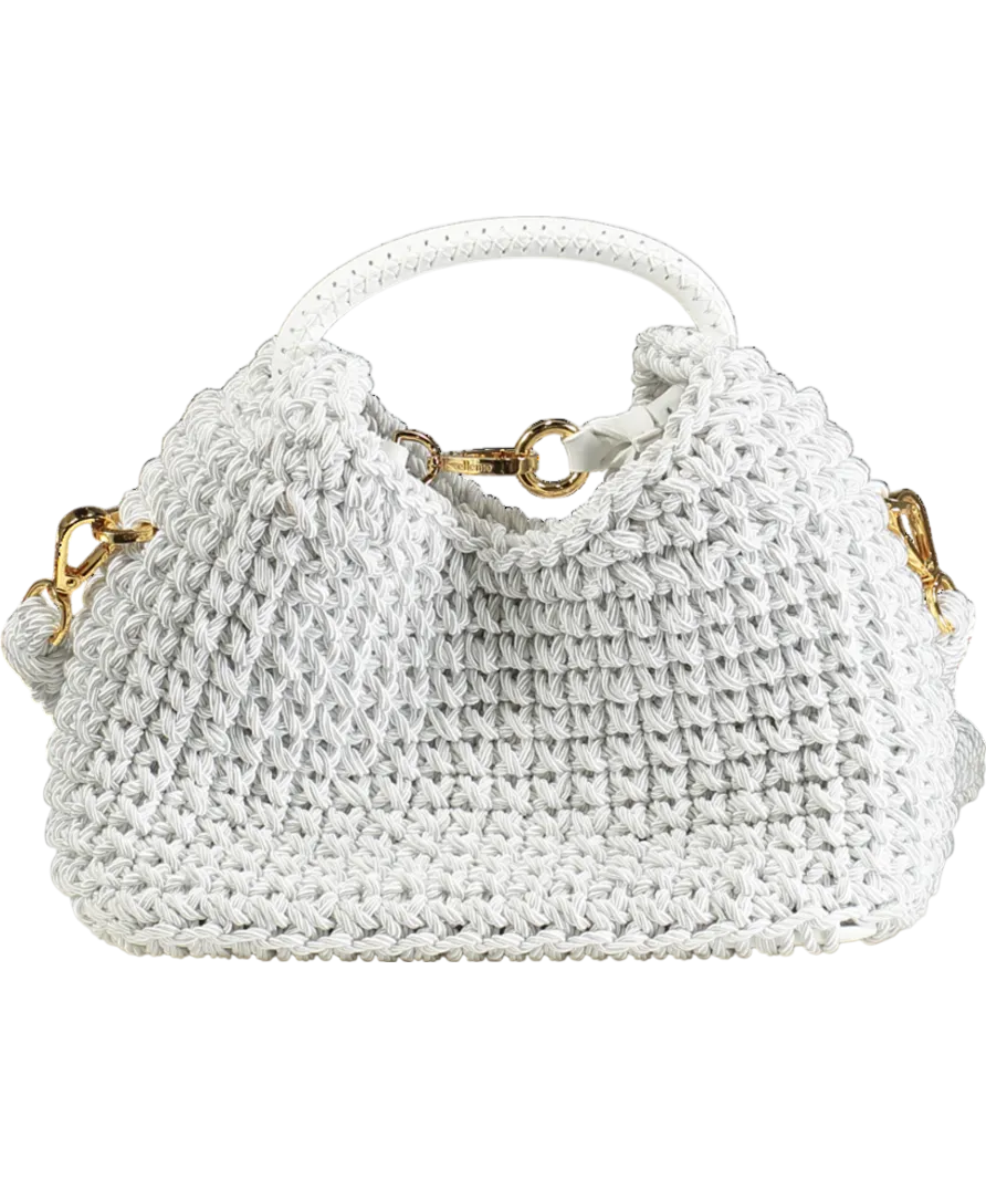 Elleme Paris White Macrame Crochet Leather Handle Shoulder Bag