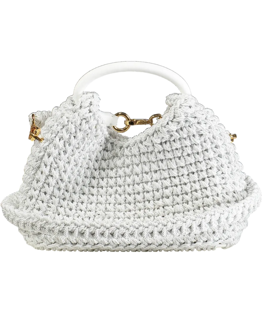 Elleme Paris White Macrame Crochet Leather Handle Shoulder Bag