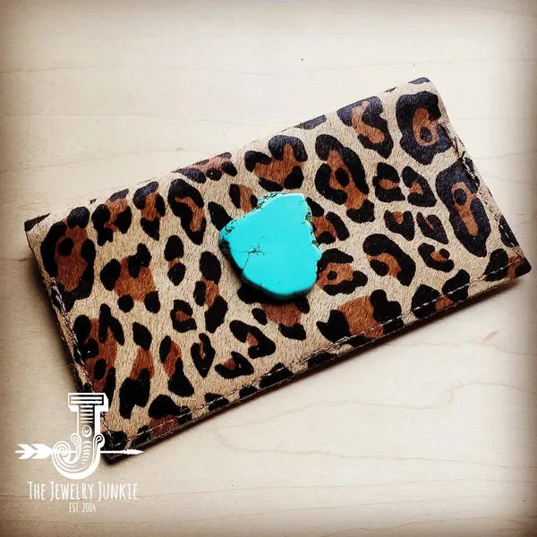Hair-On Hide Leather Wallet in Leopard with Turquoise Slab