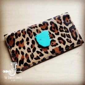Hair-On Hide Leather Wallet in Leopard with Turquoise Slab