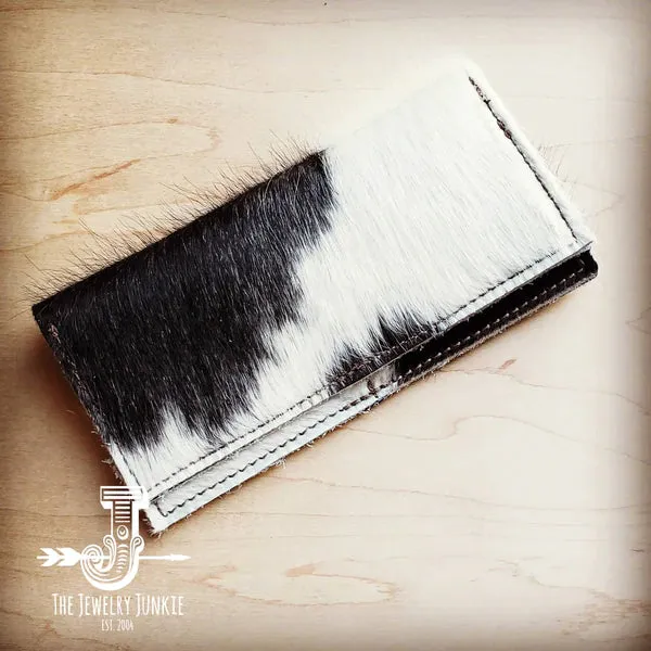 Hair-On Hide Leather Wallet in Spotted Black & White w/ Snap