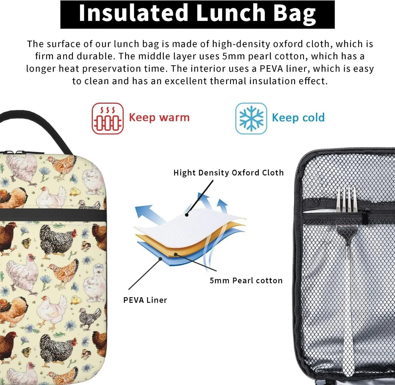 Hen And Chicken Farmhouse Insulated Lunch Box Bag for Boys & Girls, Reusable Kids Lunch Box Ideal for Hot or Cold Snacks & Bento Boxes