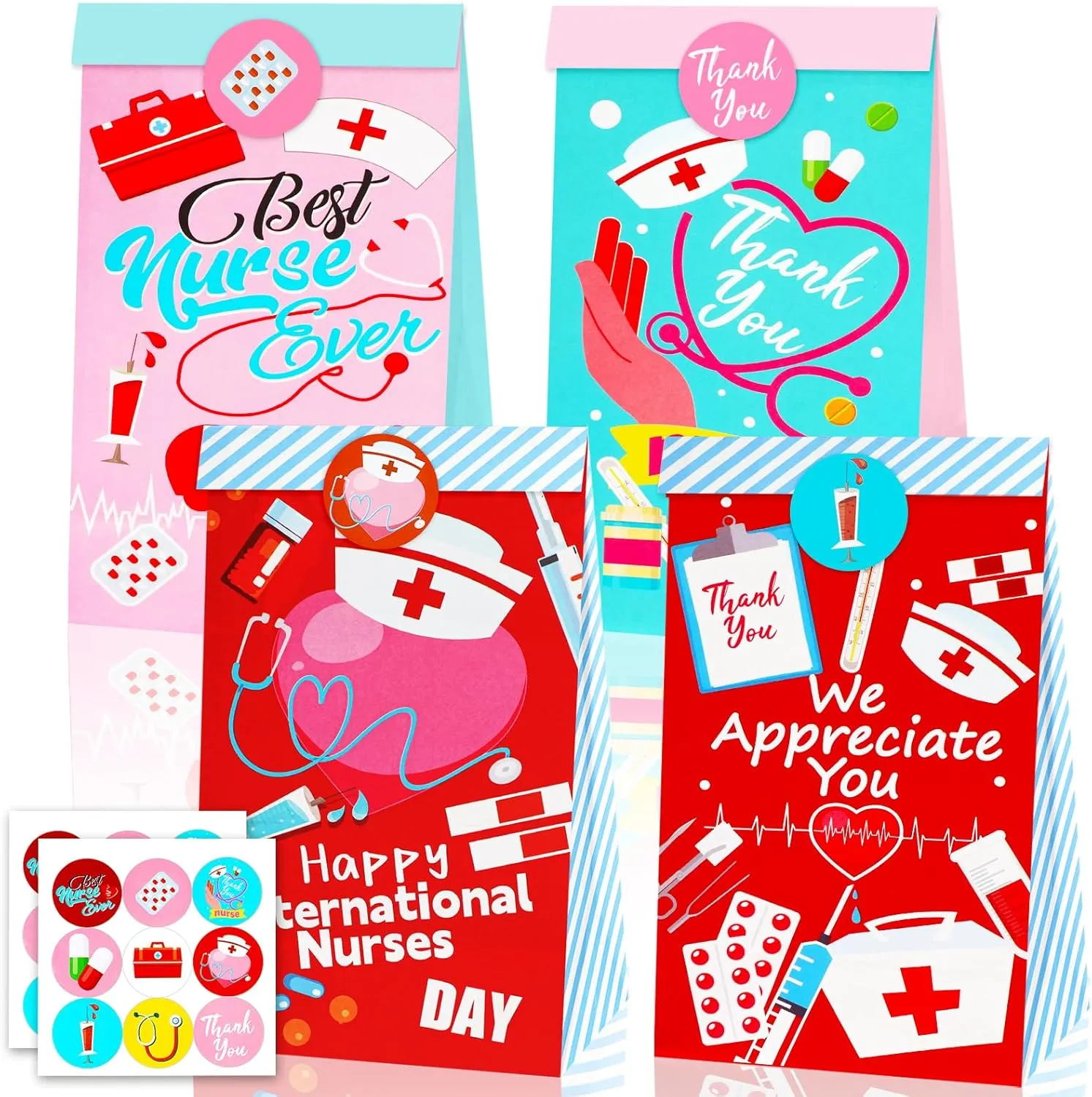 HOWAF Thank You Nurse Party Supplies Gift Bags with Stickers, We Appreciation You Treat Bags for Doctor Nursing Graduation Party, Nurse Appreciation Week Paper Candy Boxes Nurses Day Cookie Boxes