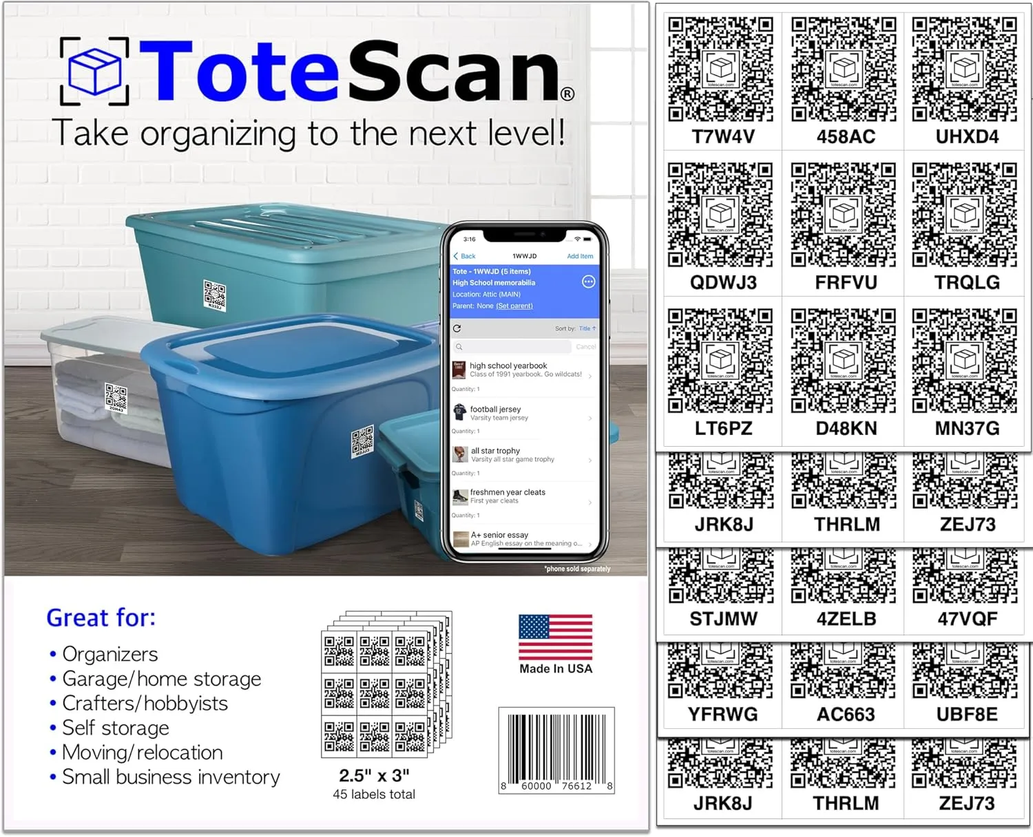 Intelligent QR Labels for Organization/Moving/Storage (45 Unique Labels, 2.5"x3")