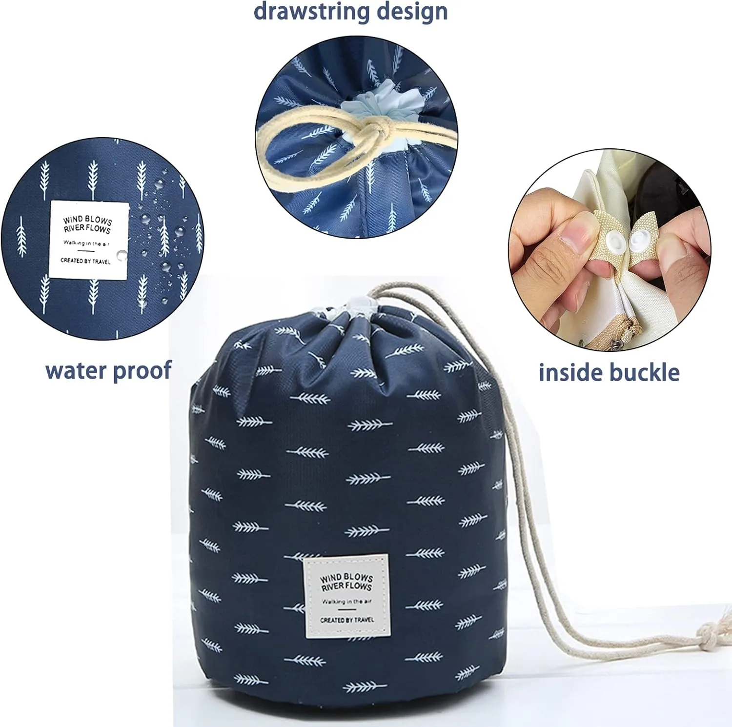 INVODA Cosmetic Bag Barrel Makeup Bag for Women and Girls Portable Drawstring Toiletry Bag Soft Collapsible Toiletry Bucket Bags Multifunctional Organizer Storage Pocket