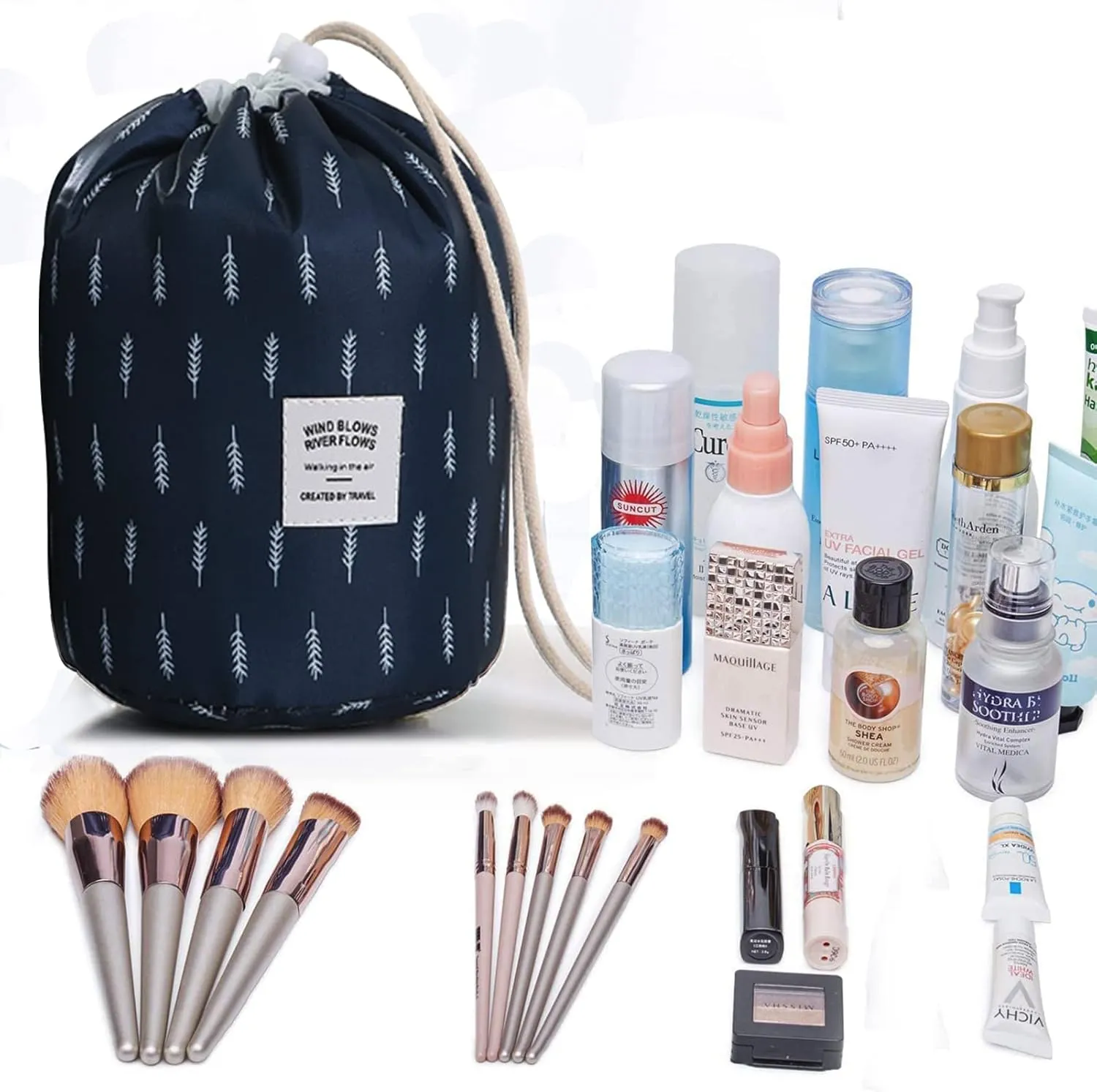 INVODA Cosmetic Bag Barrel Makeup Bag for Women and Girls Portable Drawstring Toiletry Bag Soft Collapsible Toiletry Bucket Bags Multifunctional Organizer Storage Pocket