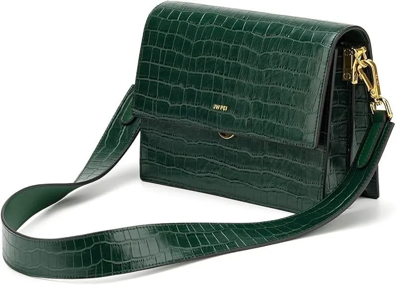 JW PEI Crocodile Pattern Leather Shoulder Bag, Green, Flap Closure with Gold Hardware