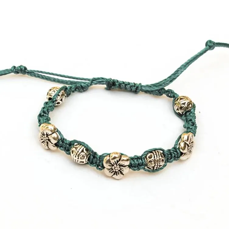 Macrame Bracelet with Mixed Pewter Beads & Sliding Closure
