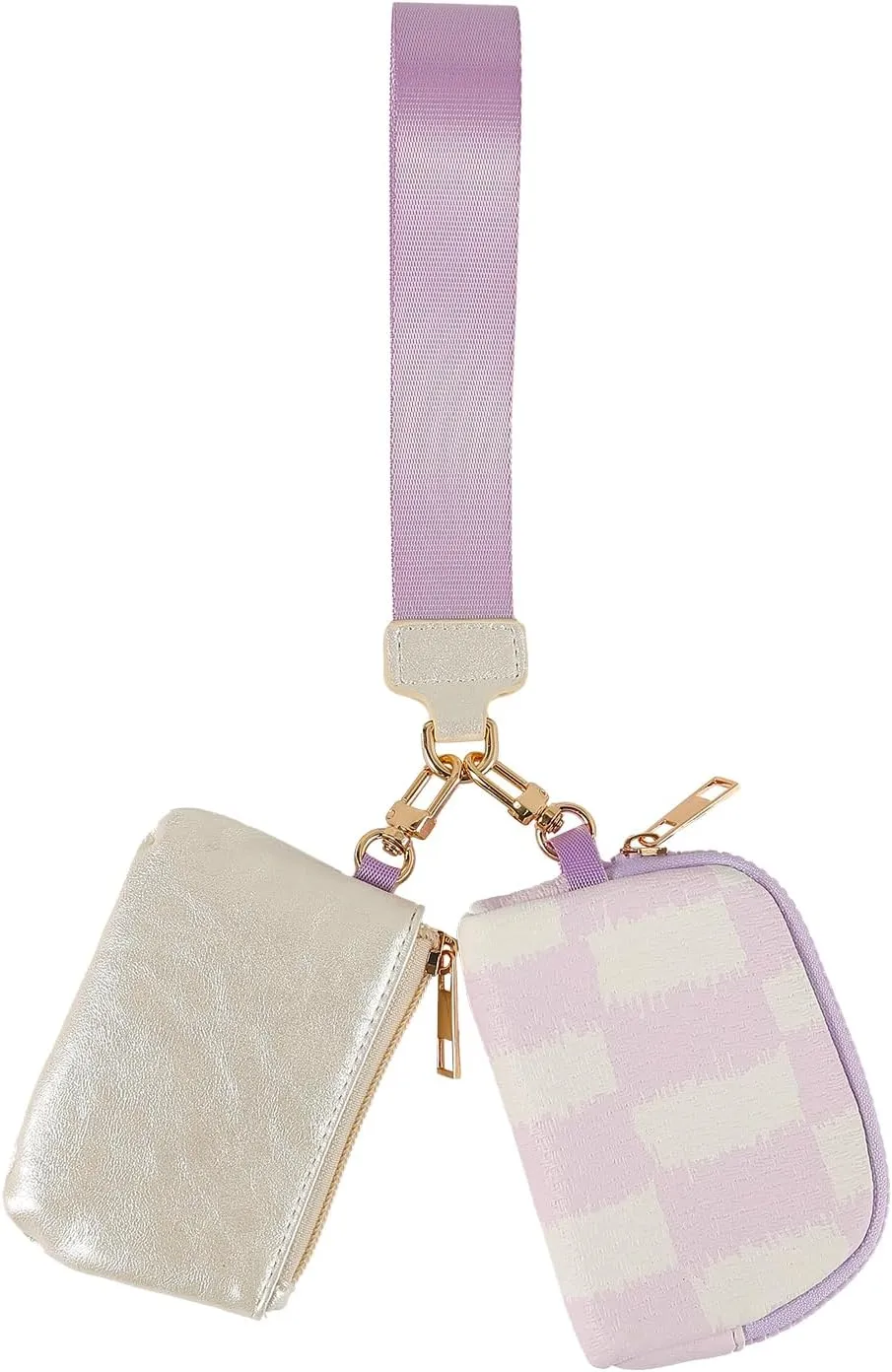 Mini Zip Around Wristlet Wallet for Women - Dual Pouch Keychain Coin Purse, Faux Leather Portable Small Purse with Detachable Strap, Cute Wristlet Wallet for Women (Purple White)