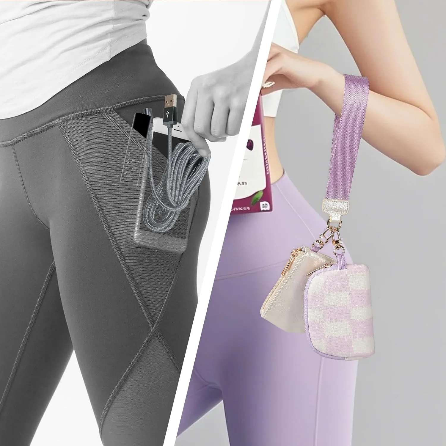 Mini Zip Around Wristlet Wallet for Women - Dual Pouch Keychain Coin Purse, Faux Leather Portable Small Purse with Detachable Strap, Cute Wristlet Wallet for Women (Purple White)