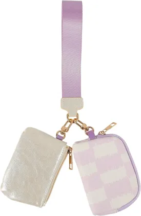 Mini Zip Around Wristlet Wallet for Women - Dual Pouch Keychain Coin Purse, Faux Leather Portable Small Purse with Detachable Strap, Cute Wristlet Wallet for Women (Purple White)