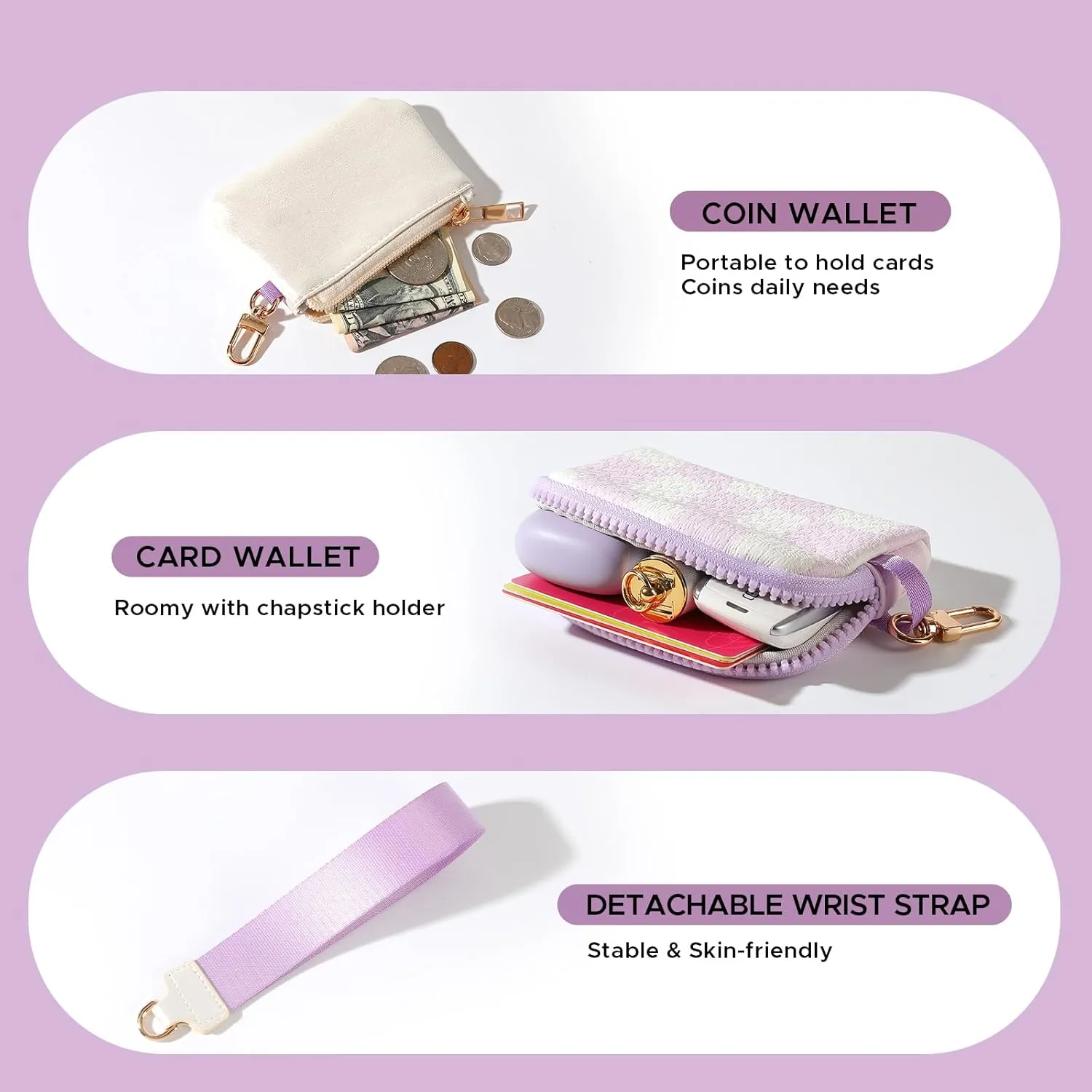 Mini Zip Around Wristlet Wallet for Women - Dual Pouch Keychain Coin Purse, Faux Leather Portable Small Purse with Detachable Strap, Cute Wristlet Wallet for Women (Purple White)