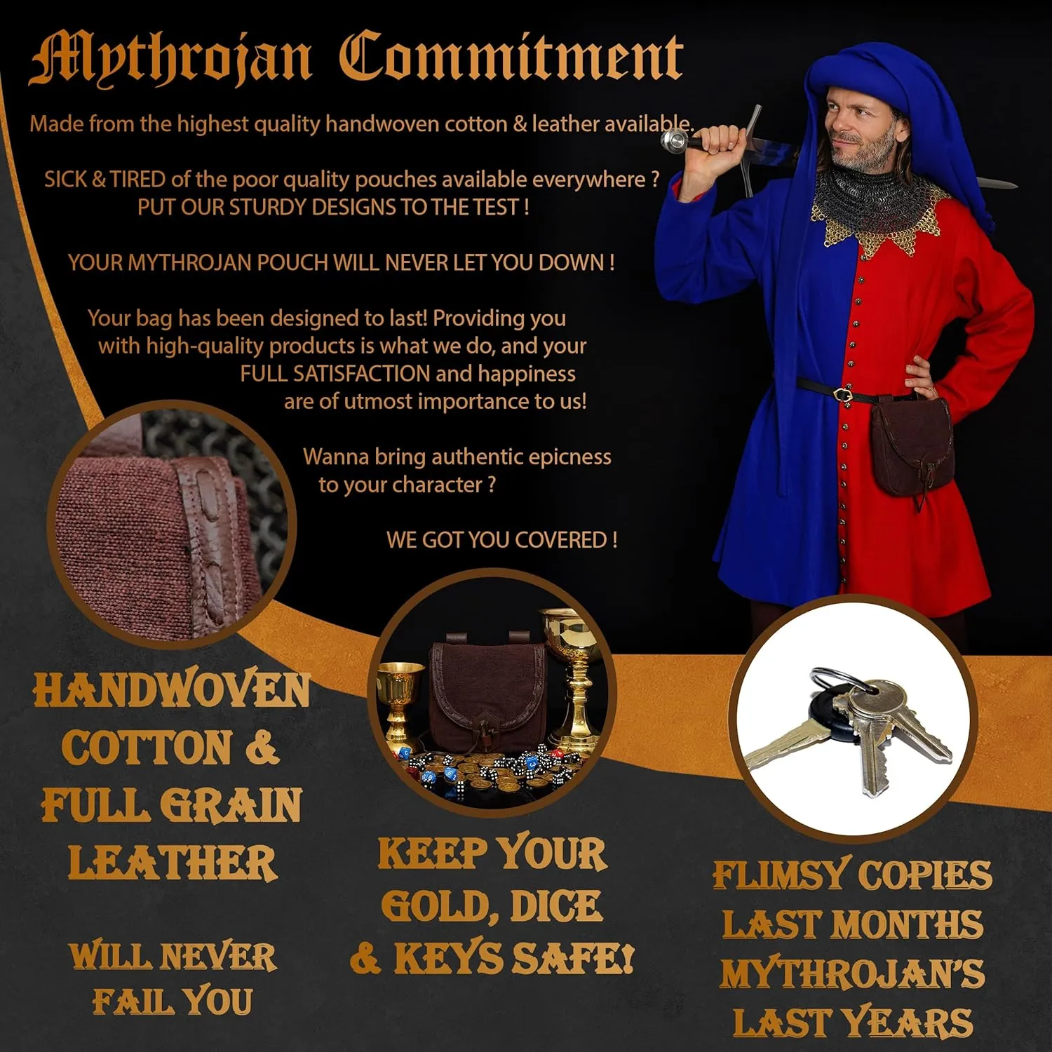Mythrojan Viking Leather Belt Bag - Medieval & Renaissance Costume Accessories - LARP Waist Bag - Cosplay Coin Purse - Antique Vintage Coin Pouch