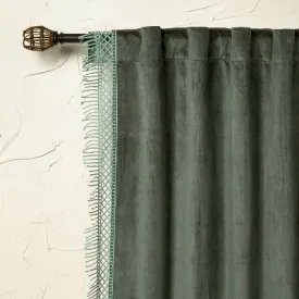 New - 1pc 54"x84" Light Filtering Velvet Macrame Trim Window Curtain Panel Teal - Opalhouse designed with Jungalow