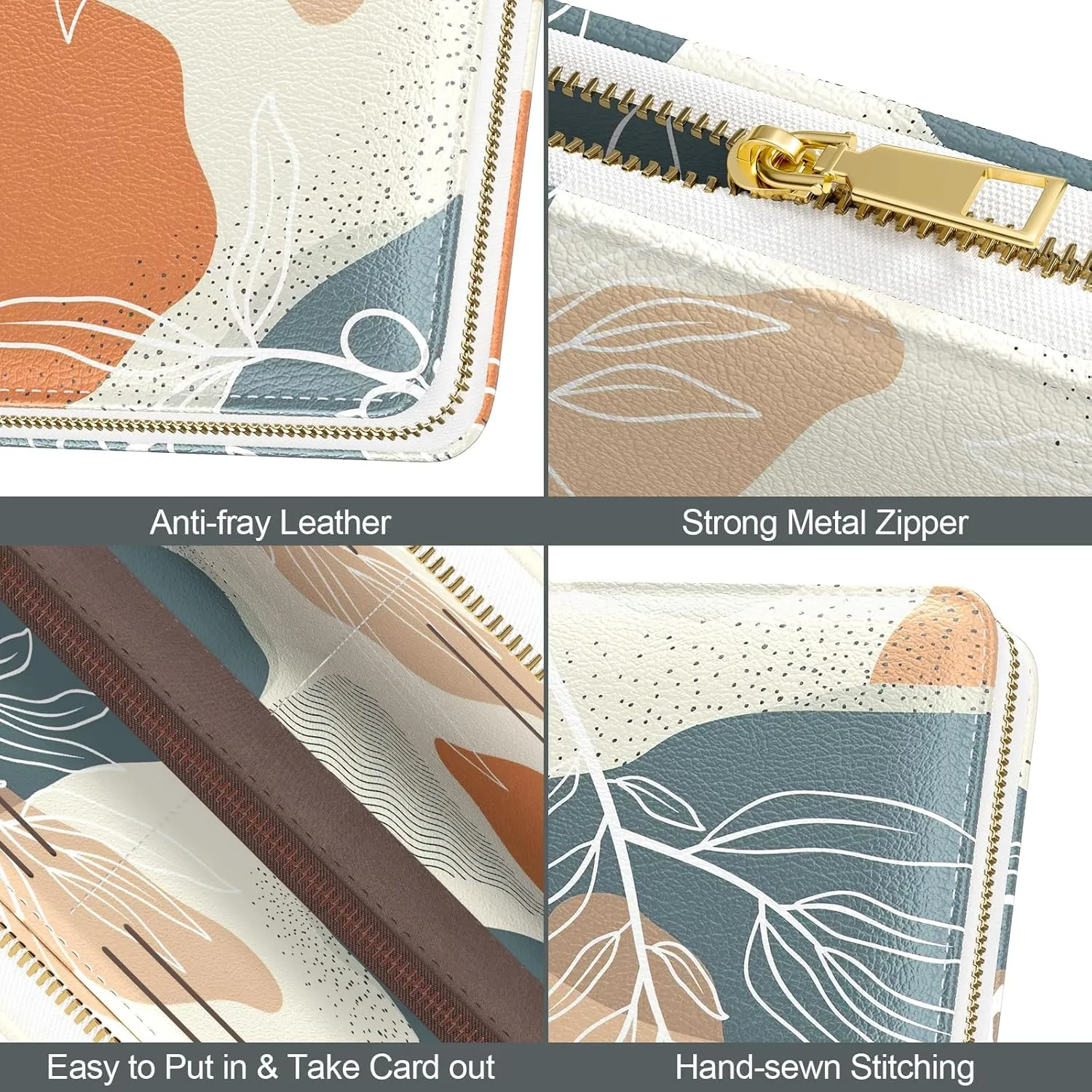 Nipichsha Womens Wallet, RFID Wristlet Wallet for Women, Cute Ladies Purse, Large Credit Card Clutch Wallets, Leather Card Holder Wallets with Zipper & Phone Holder, Abstract Boho Leaf