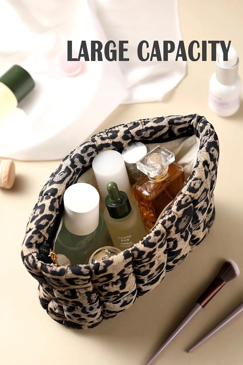 Puffy Quilted Makeup Bag for Women, Cosmetic Bag, Travel Toiletry Organizer Pouch Clutch (Brown Leopard)