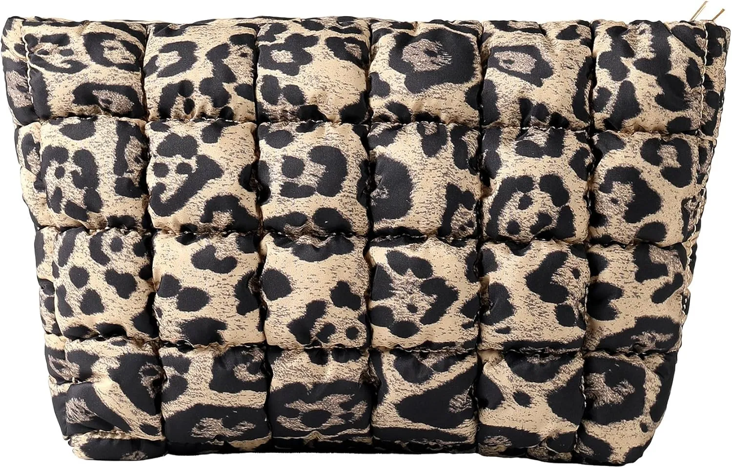 Puffy Quilted Makeup Bag for Women, Cosmetic Bag, Travel Toiletry Organizer Pouch Clutch (Brown Leopard)