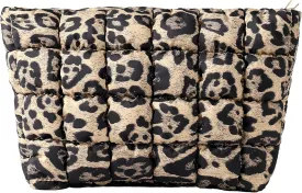 Puffy Quilted Makeup Bag for Women, Cosmetic Bag, Travel Toiletry Organizer Pouch Clutch (Brown Leopard)