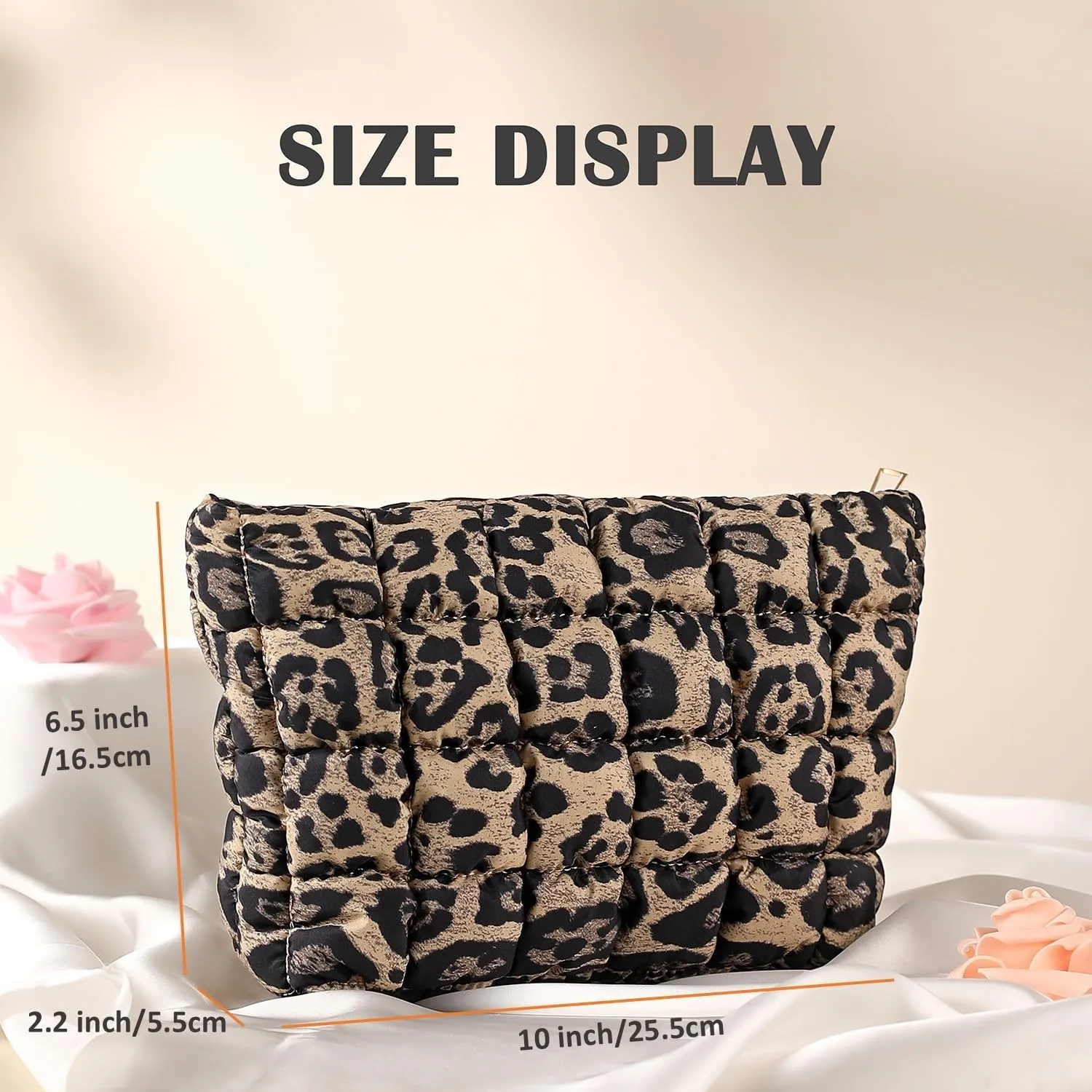 Puffy Quilted Makeup Bag for Women, Cosmetic Bag, Travel Toiletry Organizer Pouch Clutch (Brown Leopard)