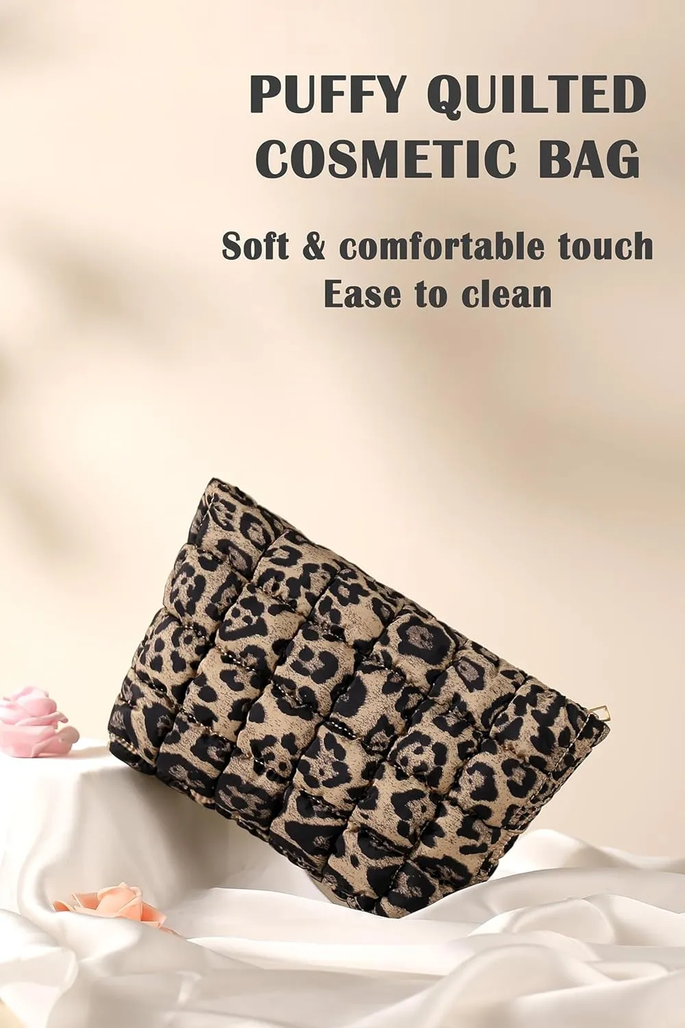 Puffy Quilted Makeup Bag for Women, Cosmetic Bag, Travel Toiletry Organizer Pouch Clutch (Brown Leopard)