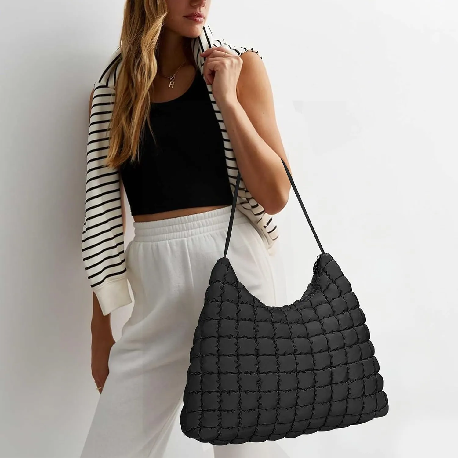 Quilted Tote Bag Puffer Hobo Bag for Women Lightweight Puffy Handbag Everyday Carryall Tote for Work Gym College