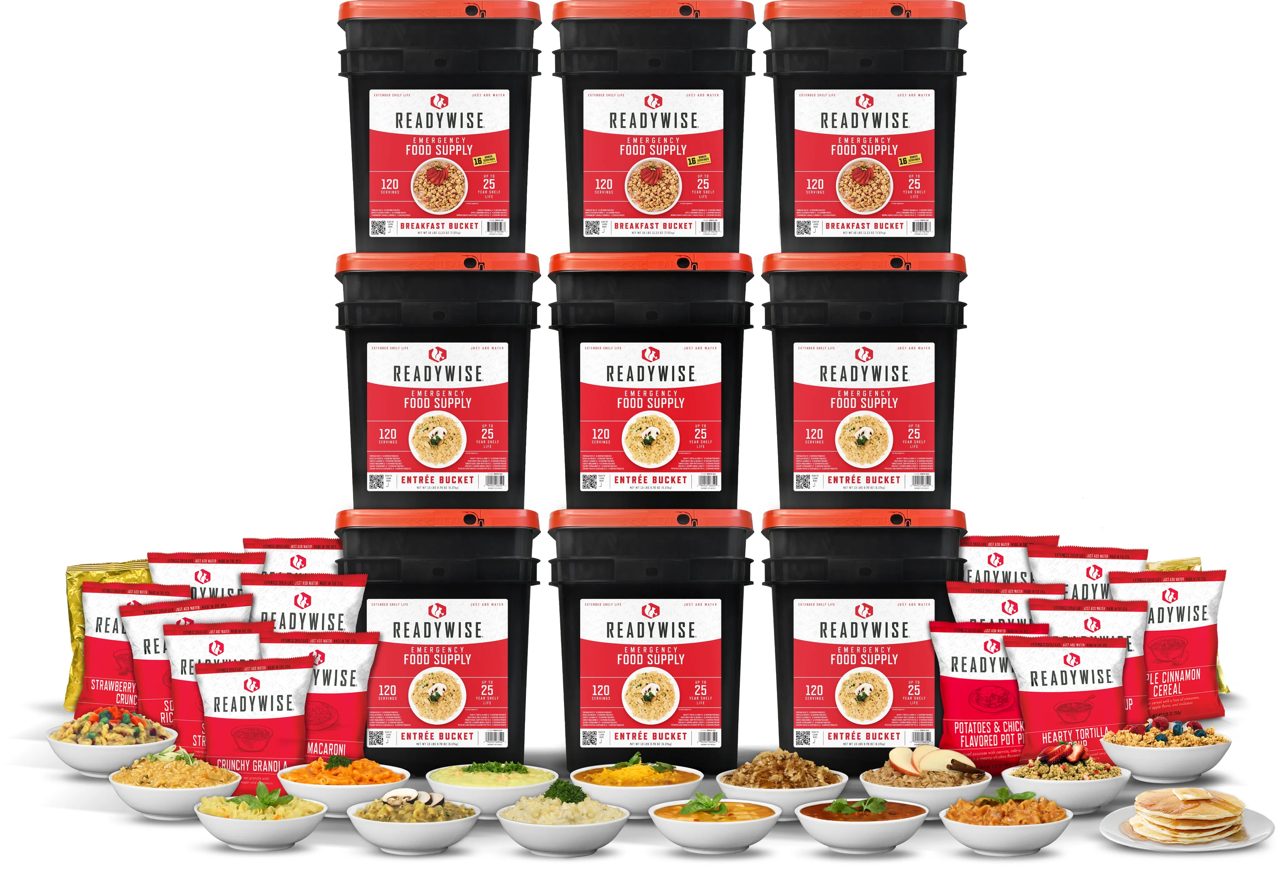 ReadyWise - 1080 Serving Package - 186 lbs - Includes: 6 - 120 Serving Entrée Buckets and 3 - 120 Serving Breakfast Buckets