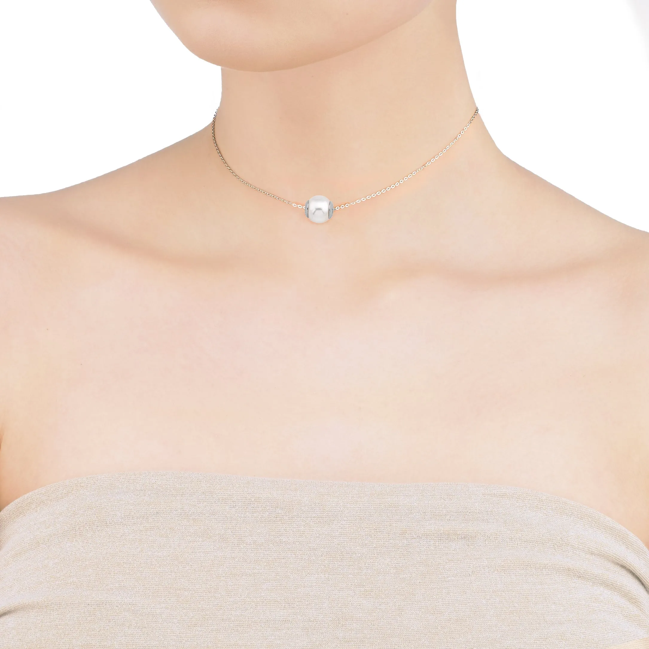 Rhodium Choker with a 10mm Round White Pearl, 13"   4" Length, Nuada Collection