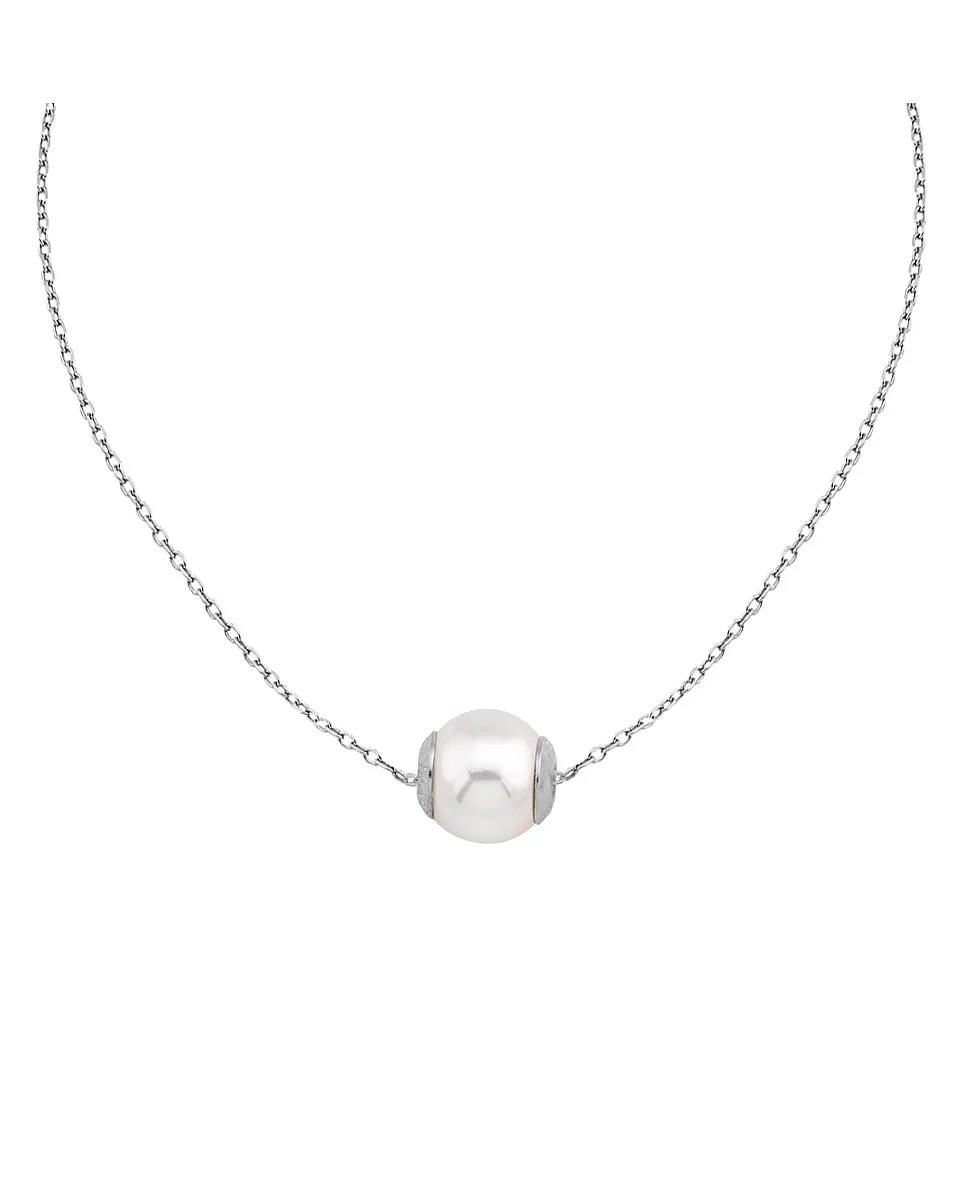 Rhodium Choker with a 10mm Round White Pearl, 13"   4" Length, Nuada Collection