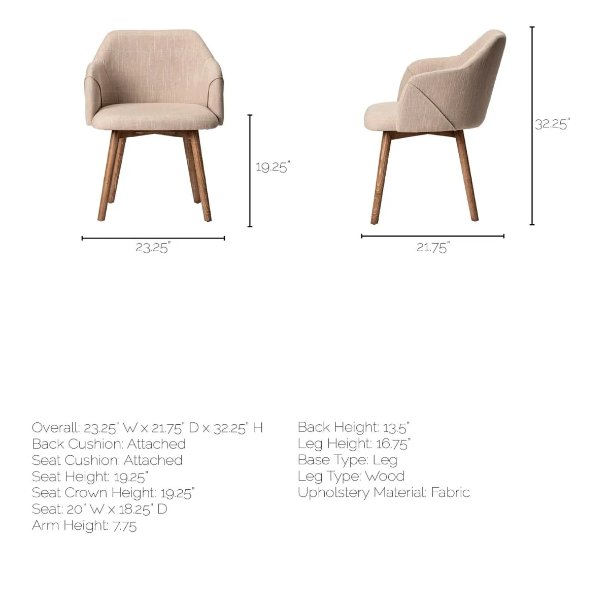 Ronald Dining Chair Cream Fabric | Brown Wood (Armchair)
