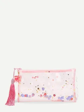 Scalloped Trim Tassel Glitter Pouch