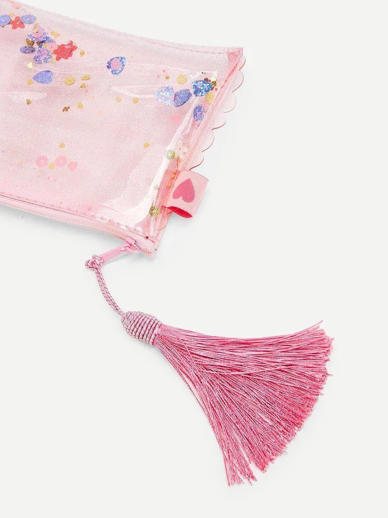 Scalloped Trim Tassel Glitter Pouch