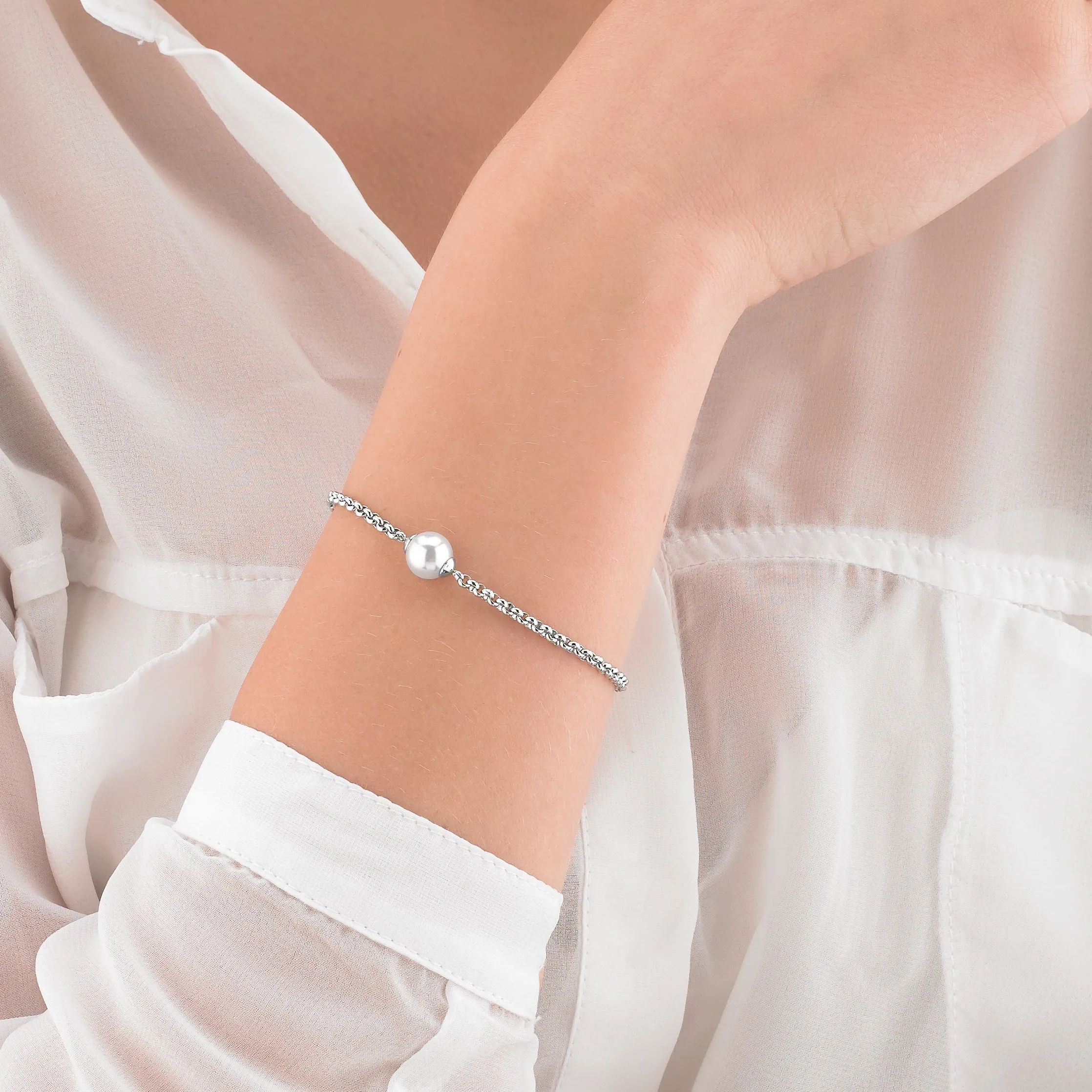 Steel Rhodium Plated Bracelet for Women with Organic Pearl, 8mm Round White Pearl, 6.5" Length, Nuada Collection